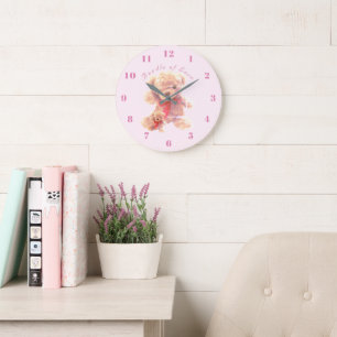 Grande Horloge Ronde Nursery Ours en Peluche Rose Pâle Vintage