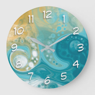 Grande Horloge Ronde Ocean Blue Waves et Sandy Brown Fluid Art