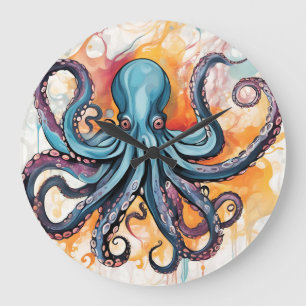 Grande Horloge Ronde Octopus Abstrait coloré