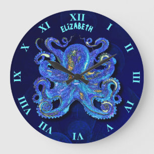 Grande Horloge Ronde Octopus bleu psychédélique aux yeux Brown