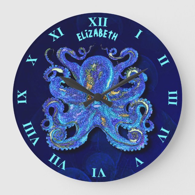 Grande Horloge Ronde Octopus bleu psychédélique aux yeux Brown (Recto)