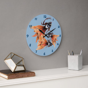 Grande Horloge Ronde Œil Doré Poisson Rouge Surréaliste Fantaisie Art T