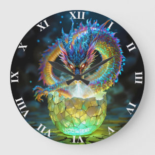 Grande Horloge Ronde Œuf de dragon vert mignon de fantaisie