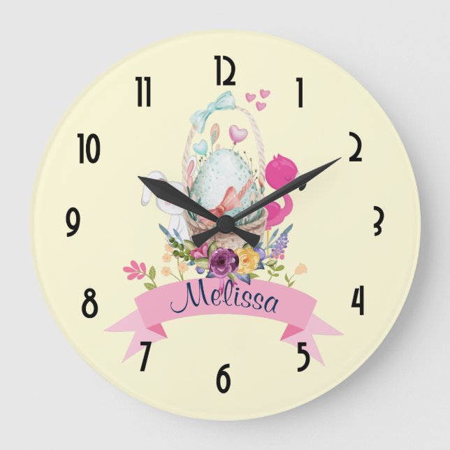 Grande Horloge Ronde Oeuf mignon, Flamant rose rose et lapin, Aquarelle (Recto)