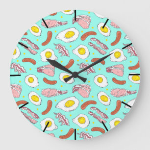 Grande Horloge Ronde Oeufs Bacon Saucisses Cuisine Petit déjeuner Motif