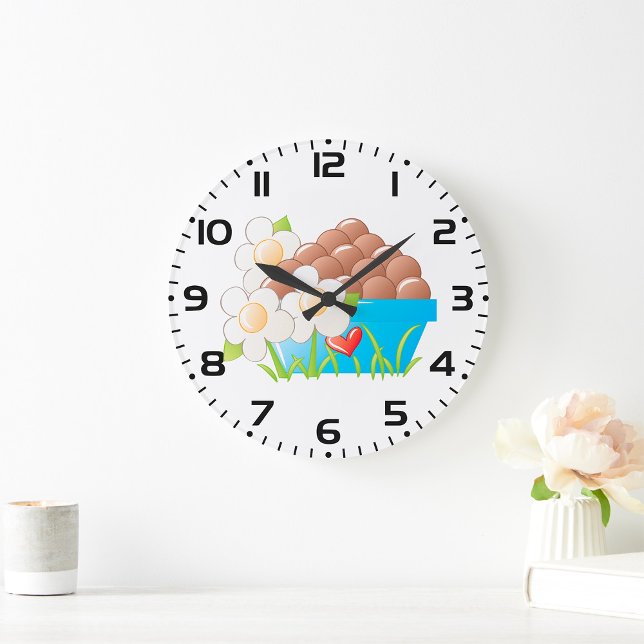 Grande Horloge Ronde Oeufs en Bleu avec Fleurs et Coeur (Créateur téléchargé)