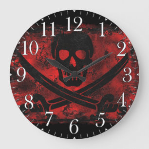 Grande Horloge Ronde Œuvre d'art effrayante de crâne avec épées croisée