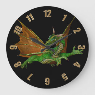 Grande Horloge Ronde Oeuvre d'Imaginaire Dragon Vert