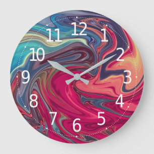 Grande Horloge Ronde Oeuvre moderne en marbre Abstrait bleu et rouge li