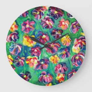 Grande Horloge Ronde Oeuvre originale colorée de Happy Little Flowers