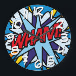 Grande Horloge Ronde OEuvres humoristiques typographiques colorées WHAM<br><div class="desc">Magnifique super-héros de bande dessinée pop art horloge. Une façon idéale de se faire plaisir ou d'être un autre super-héros dans votre vie. Il est temps de mettre du zap pow et du wham dans votre monde aujourd'hui ! Conçu par Thisnotme©</div>