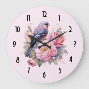 Grande Horloge Ronde Oiseau chanteur debout sur des pivoines roses