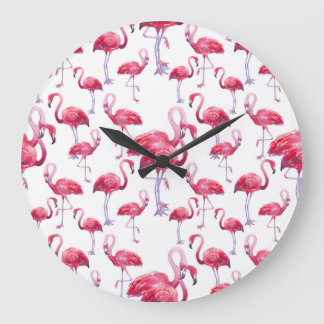 Grande Horloge Ronde Oiseau d'aquarelle de Flamant rose exotique