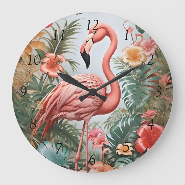 Grande Horloge Ronde Oiseau de Flamant rose rose élégant et fleurs trop (Recto)