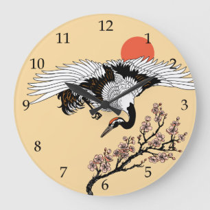 Grande Horloge Ronde Oiseau de grue japonais et sakura en fleurs