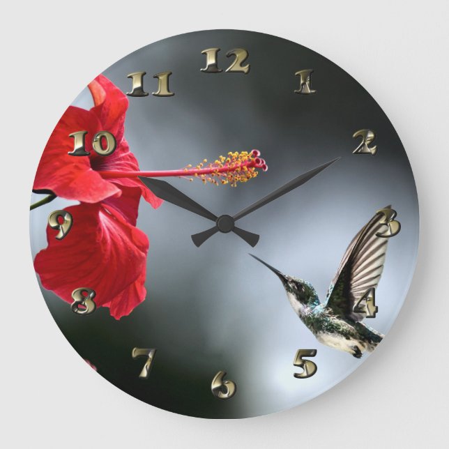 Grande Horloge Ronde Oiseau de Humming et Fleur Rouge (Recto)