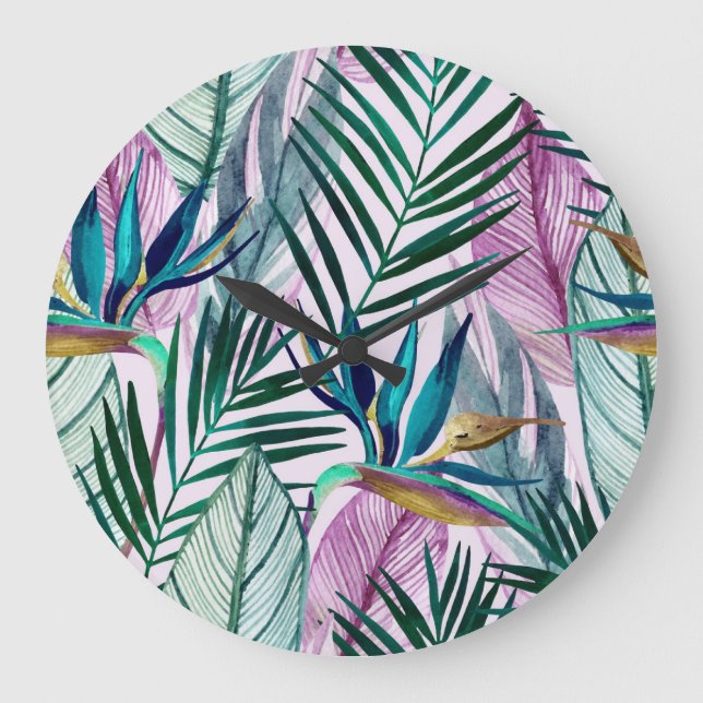 Grande Horloge Ronde Oiseau de paradis tropical, motif d'aquarelle (Recto)