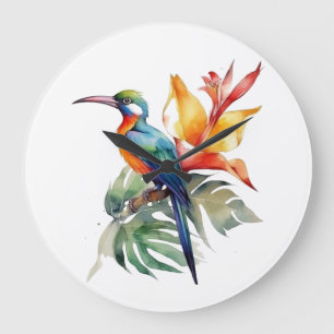 Grande Horloge Ronde Oiseau du Paradis, fleur phantasy coloré