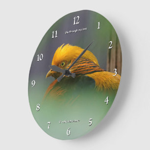 Grande Horloge Ronde Oiseau Faisan Doré Époustouflant Entre les Feuille