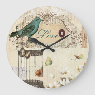 Grande Horloge Ronde oiseau français vintage moderne de cage à oiseaux