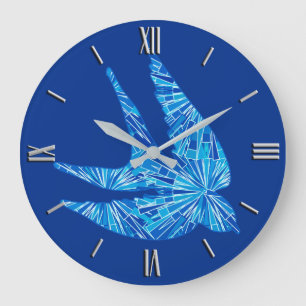 Grande Horloge Ronde Oiseau géométrique moderne, cobalt et bleu ciel