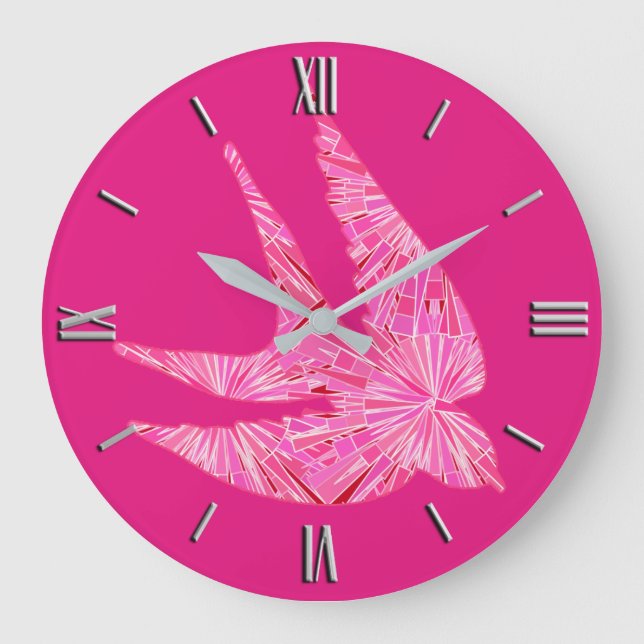 Grande Horloge Ronde Oiseau géométrique moderne, Fuchsia et rose clair (Recto)