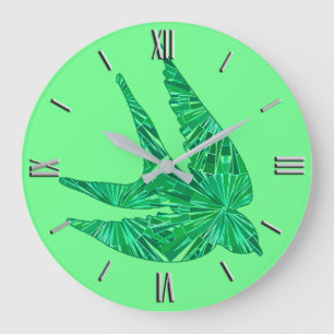 Grande Horloge Ronde Oiseau géométrique moderne, Jade et Emerald Green