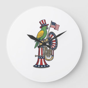 Grande Horloge Ronde Oiseau patriotique gravure vintage musique chemise