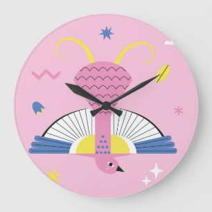 Grande Horloge Ronde Oiseau tropical Abstrait : Vintage lumineux.
