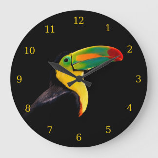 Grande Horloge Ronde Oiseau tropical coloré Noir Jaune Vert Toucan