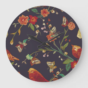 Grande Horloge Ronde Oiseau vintage, Papillon, Aquarelle de broderie.