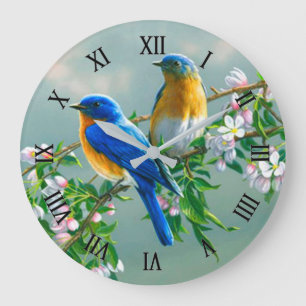 Grande Horloge Ronde Oiseaux bleus