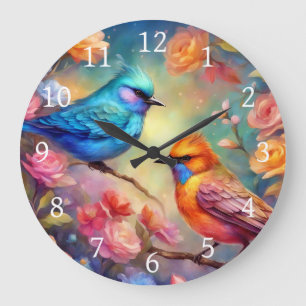 Grande Horloge Ronde Oiseaux colorés sur Branche Oiseau rose rose bleu