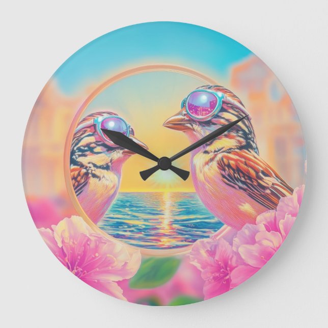 Grande Horloge Ronde Oiseaux cool avec lunettes de soleil au coucher du (Recto)
