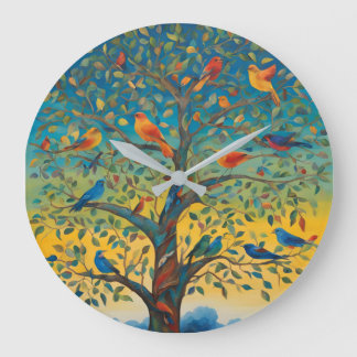 Grande Horloge Ronde Oiseaux dans les branches des arbres