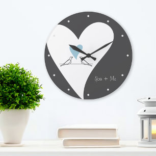 Grande Horloge Ronde Oiseaux de l'amour modernes personnalisés Cœur ble