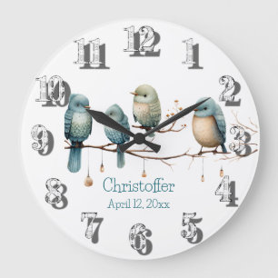 Grande Horloge Ronde Oiseaux de Whimsical sur Branches Baby shower Past