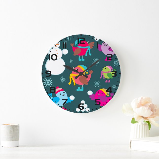 Grande Horloge Ronde Oiseaux d'hiver Jouer dans la neige avec Snowman (Créateur téléchargé)