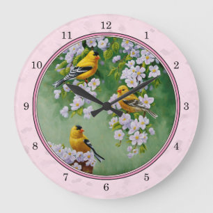 Grande Horloge Ronde Oiseaux et fleurs Goldfinch rose