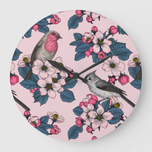 Grande Horloge Ronde Oiseaux et fleurs roses