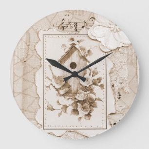 Grande Horloge Ronde Oiseaux Et Maison Shabby Chic
