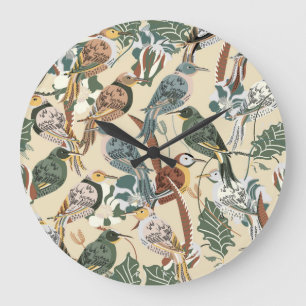 Grande Horloge Ronde Oiseaux exotiques : Impression Tropicale Sans Mer.