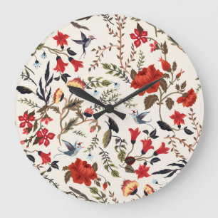 Grande Horloge Ronde Oiseaux & Fleurs : Conception Florale transparente