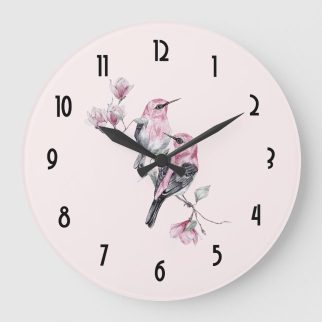 Grande Horloge Ronde Oiseaux roses et noirs sur une branche d'arbre (Recto)