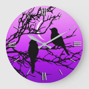 Grande Horloge Ronde Oiseaux sur une branche, Noir contre le crépuscule