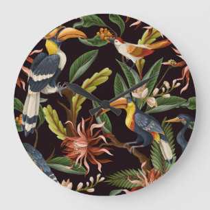 Grande Horloge Ronde Oiseaux tropicaux : Feuilles Vintages & Fleurs