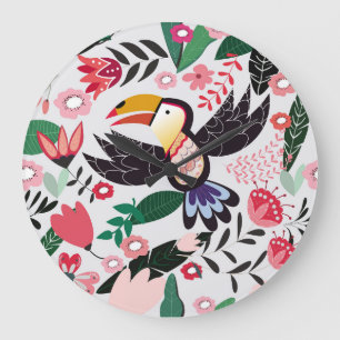 Grande Horloge Ronde Oiseaux tropicaux, motif de gribouillis à fleurs.