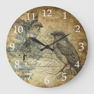 Grande Horloge Ronde Oiseaux vintages et chiffres blancs