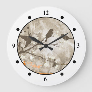 Grande Horloge Ronde Oiseaux vintages sur une branche