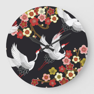Grande Horloge Ronde Oiseaux volants : Heron de grue japonais.